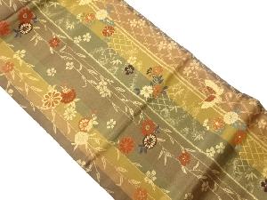 縞に花葉・蝶模様織出し開き名古屋帯（額縁仕立て）